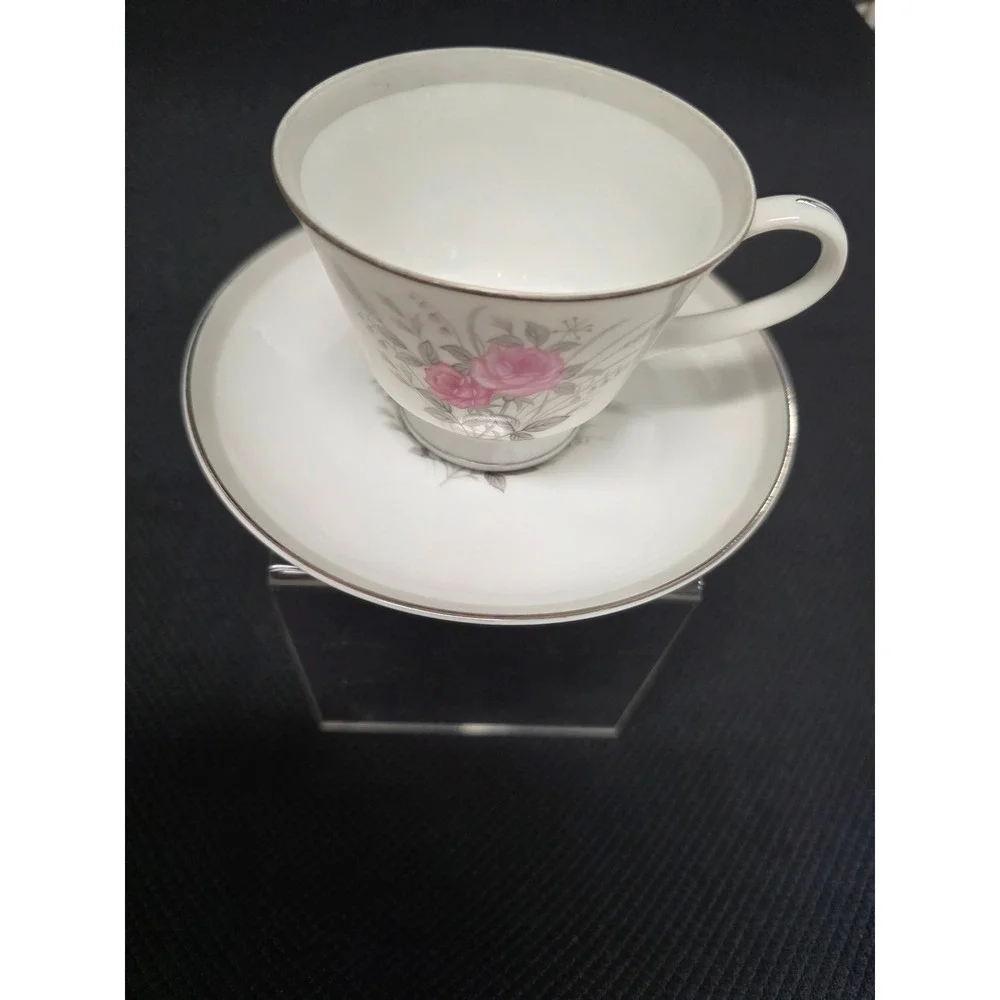 Vintage Norleans Japan Eventide Teacup and Saucer Set Pink Rose Silver Trim